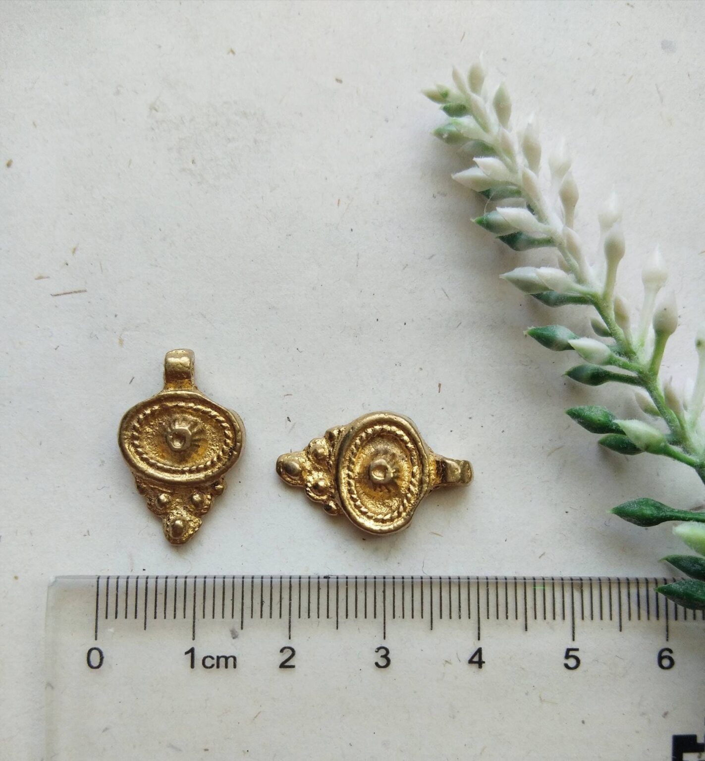 Macrame Brass Charms with intricate detailing, perfect for jewelry and macrame projects.