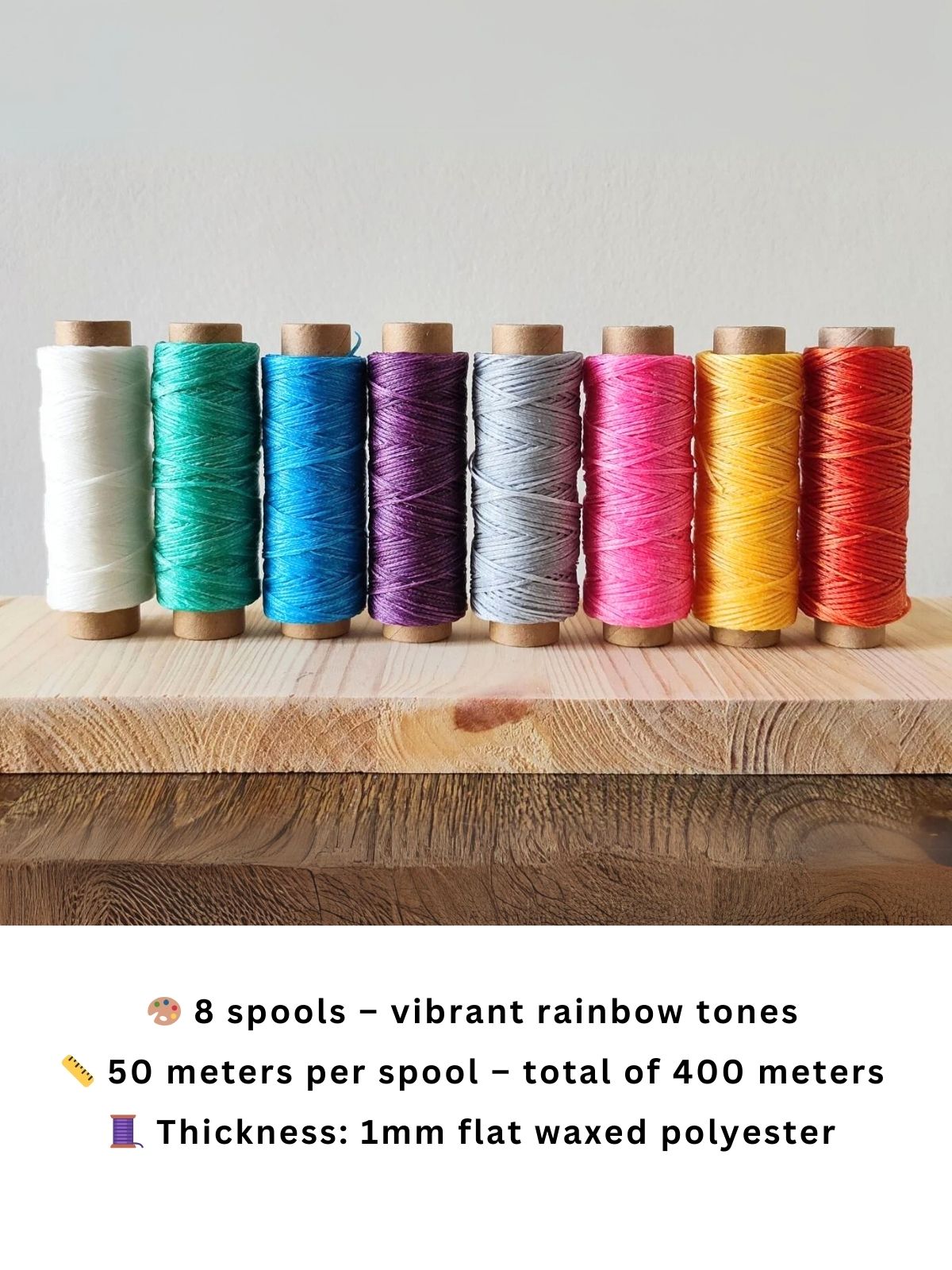 1mm Polyester Cord – bright rainbow tones on wooden shelf, 8 spool bundle