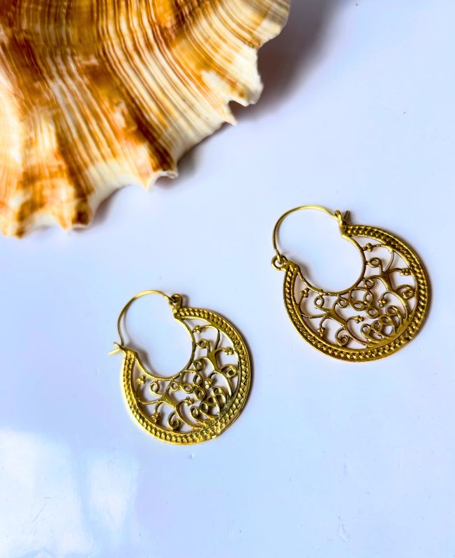 5/20 Pairs Artistry Ornate Hoop Brass Earrings