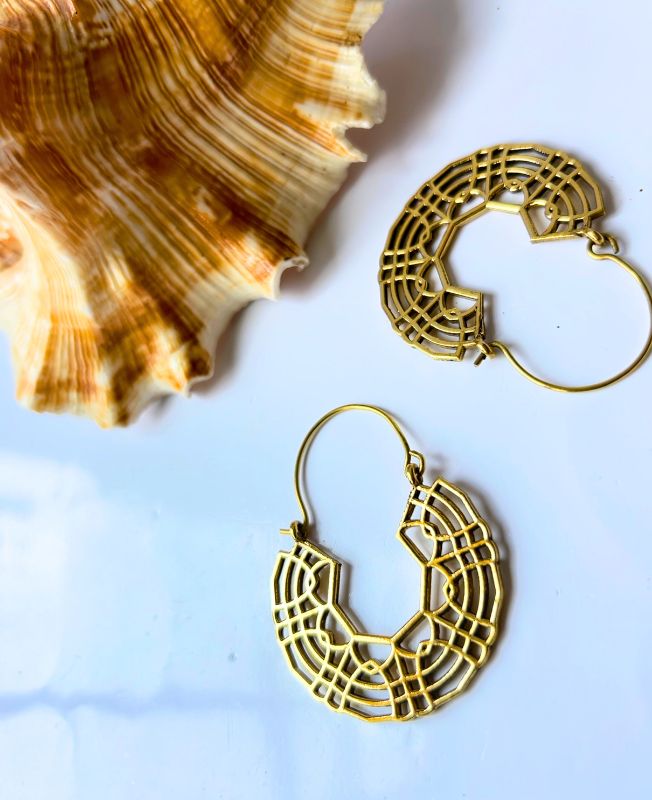 5/20 Pairs Lattice Web Tribal Hoop Brass Earrings