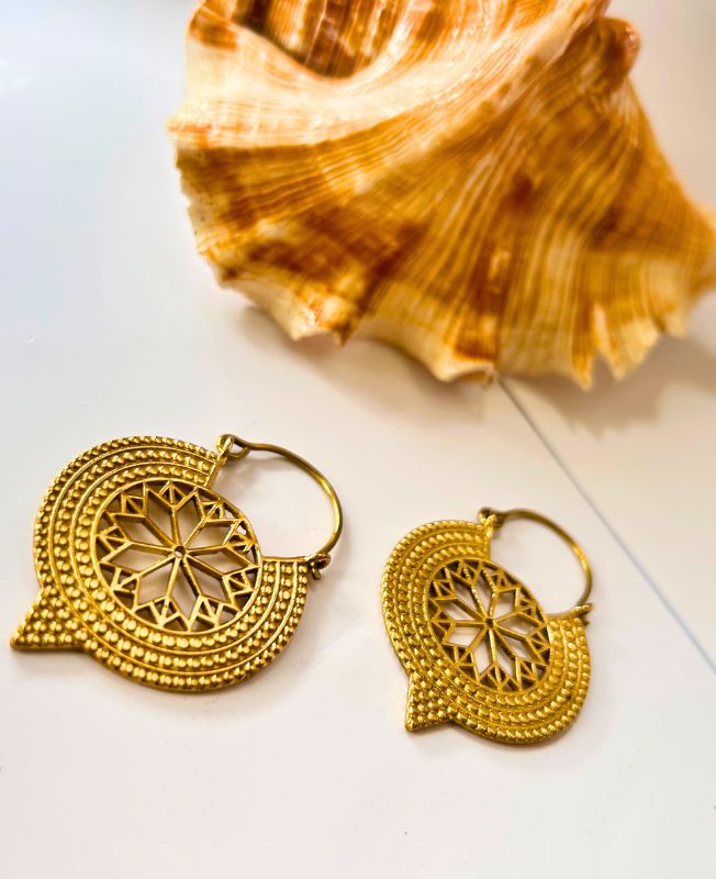 5/20 Pairs Star Mandala Hoop Brass Earrings