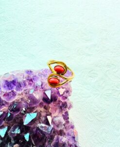 5/20 Pieces Coral Red Stone Spiral Brass Ring