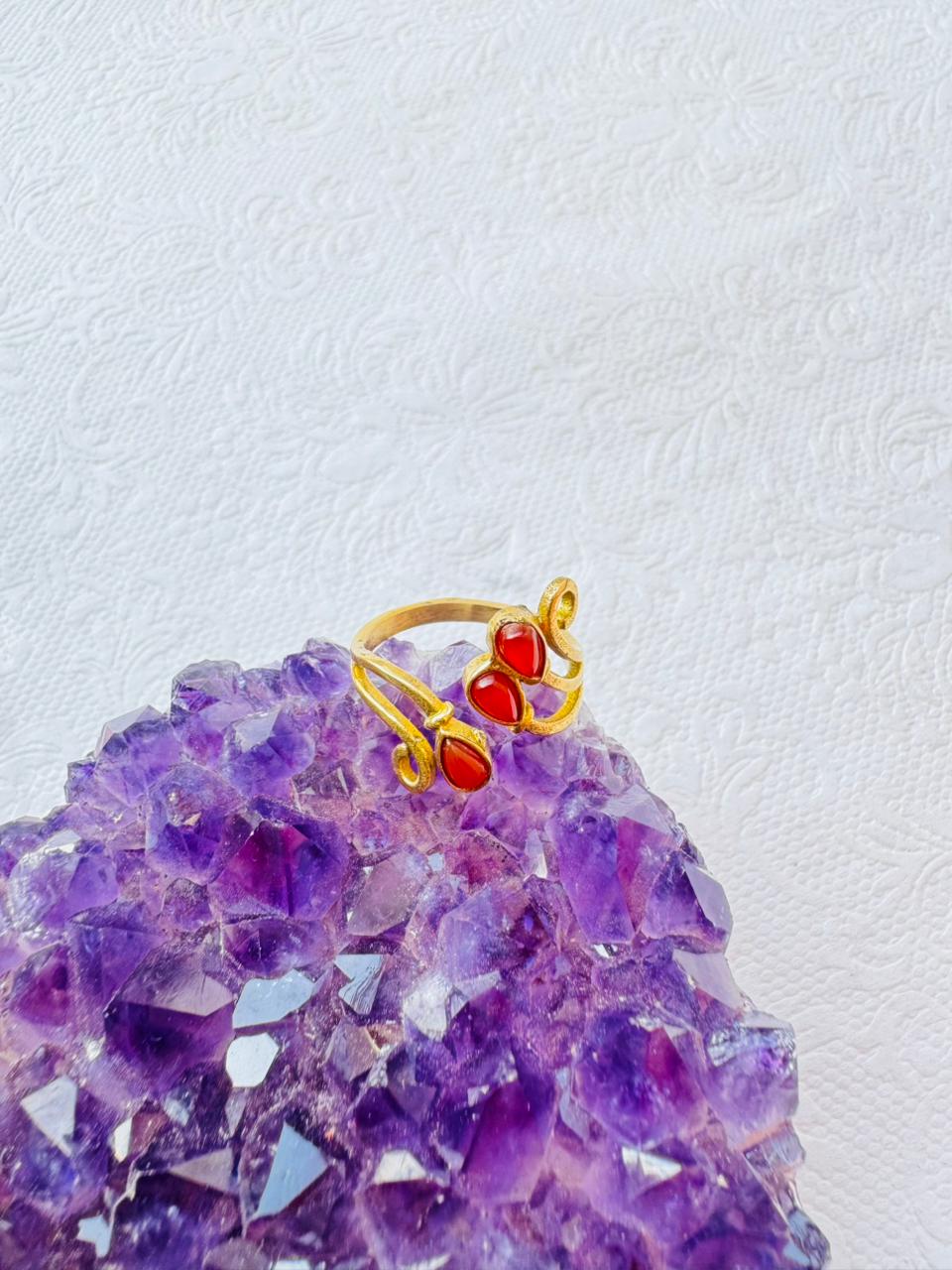 5/20 Pieces Red Stones Adjustable Brass Ring