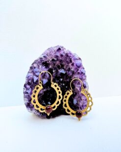 5/20 Pairs Red Stone Crescent Hoop Brass Earrings