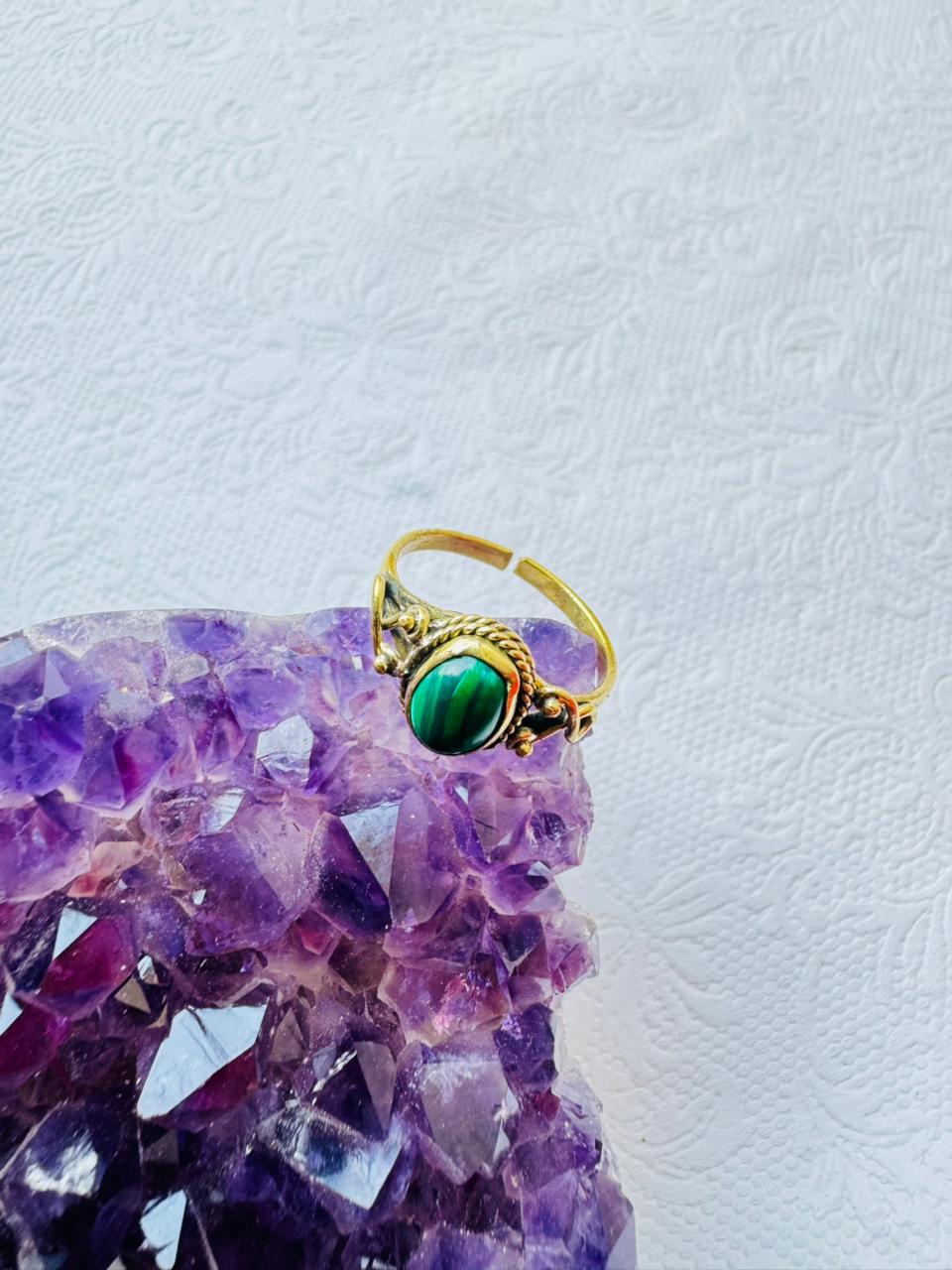 5/20 Pieces Green Malachite Stone Brass Ring
