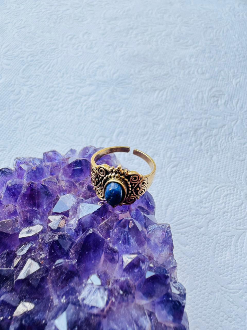 5/20 Pieces Lapis Lazuli Filigree Brass Ring