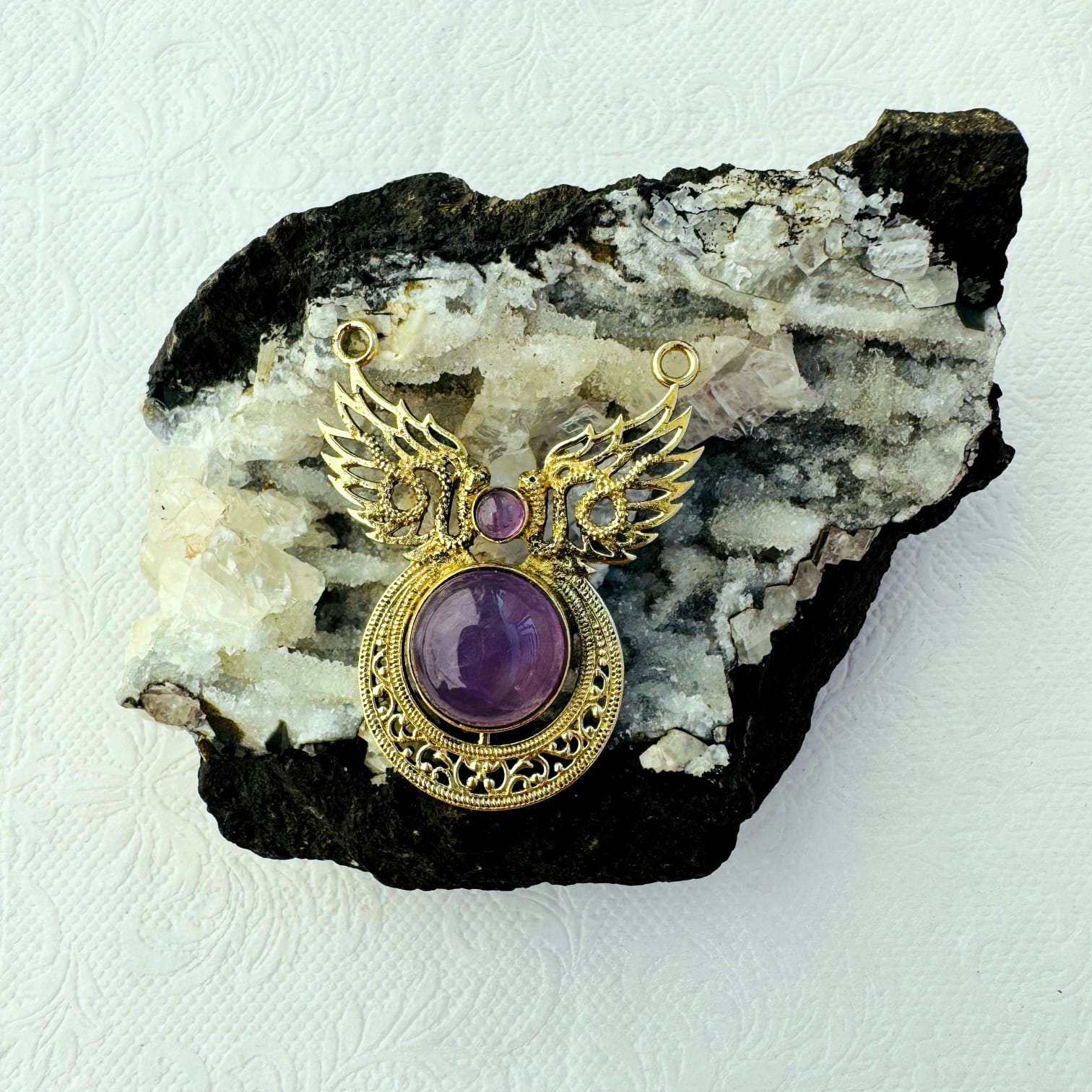 Big Amethyst Stone Ethnic Brass Pendant for Jewelry Making
