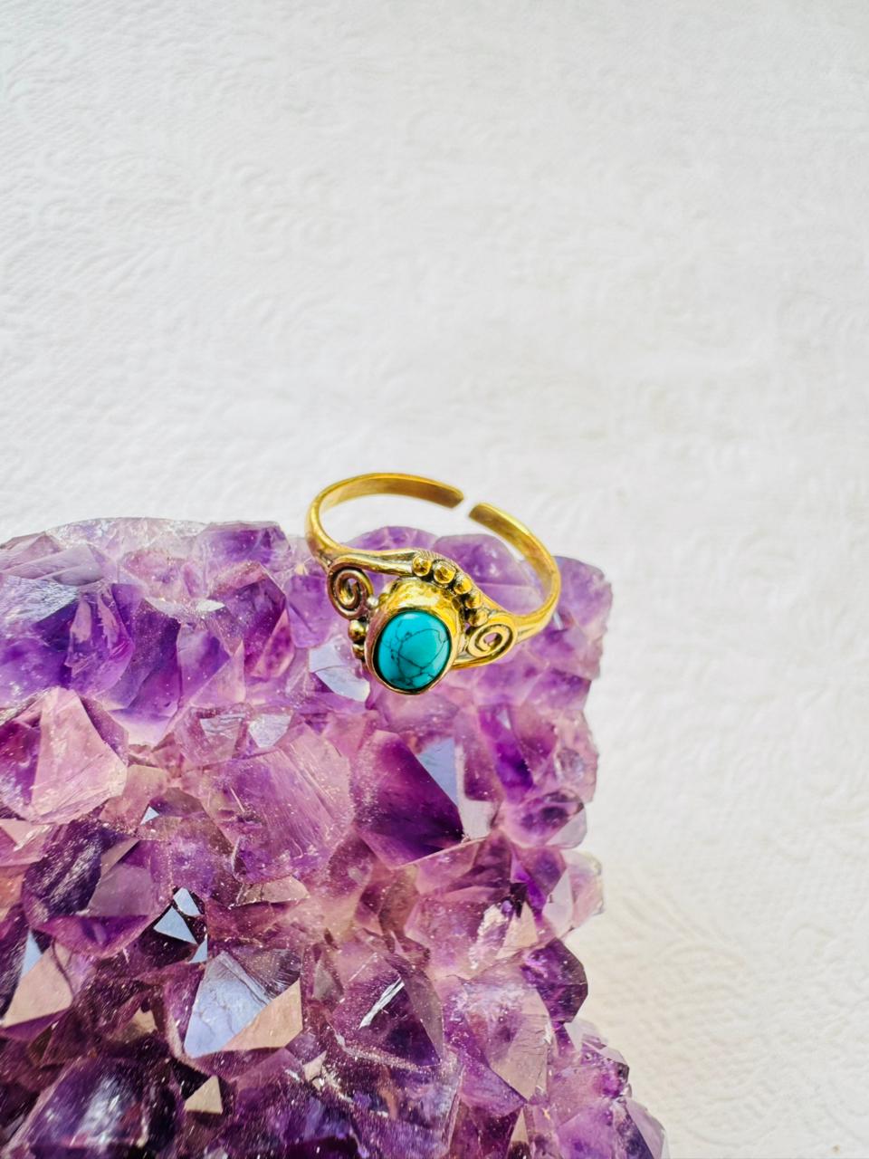 5/20 Pieces Detailed Turquoise Stone Brass Ring