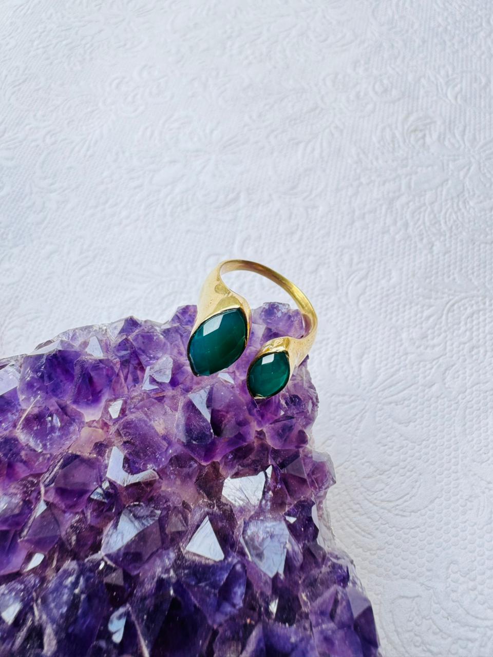 5/20 Pieces Double Green Stone Bypass Brass Ring