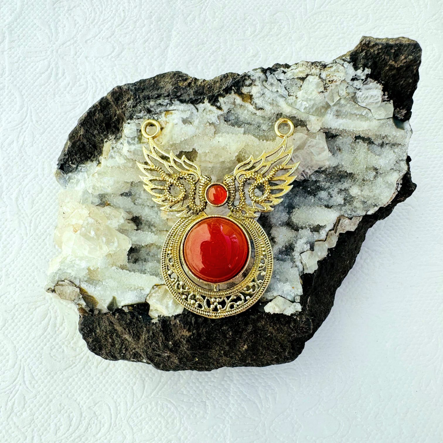 Big Coral Red Stone Ethnic Brass Pendant for Jewelry Making