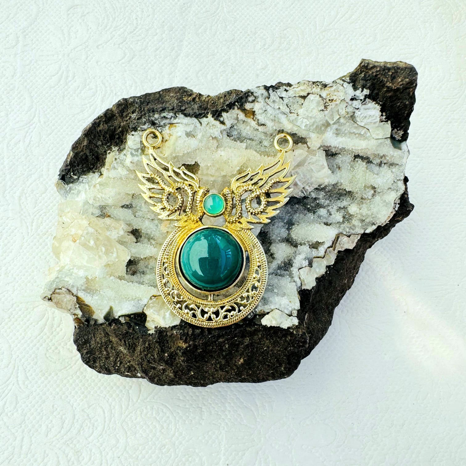 Big Green Agate Ethnic Brass Pendant for Jewelry Making