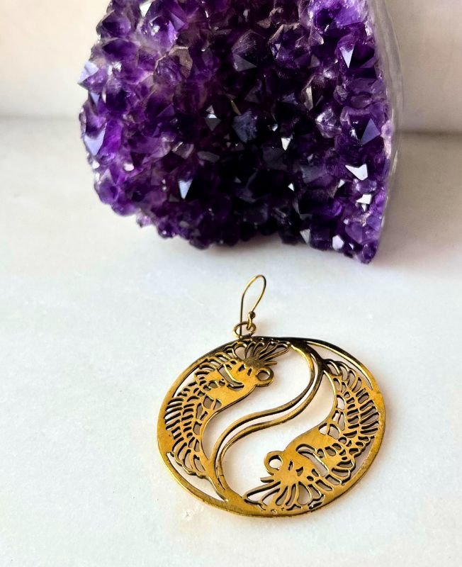 Yin Yang Phoenix Filigree Brass Earrings